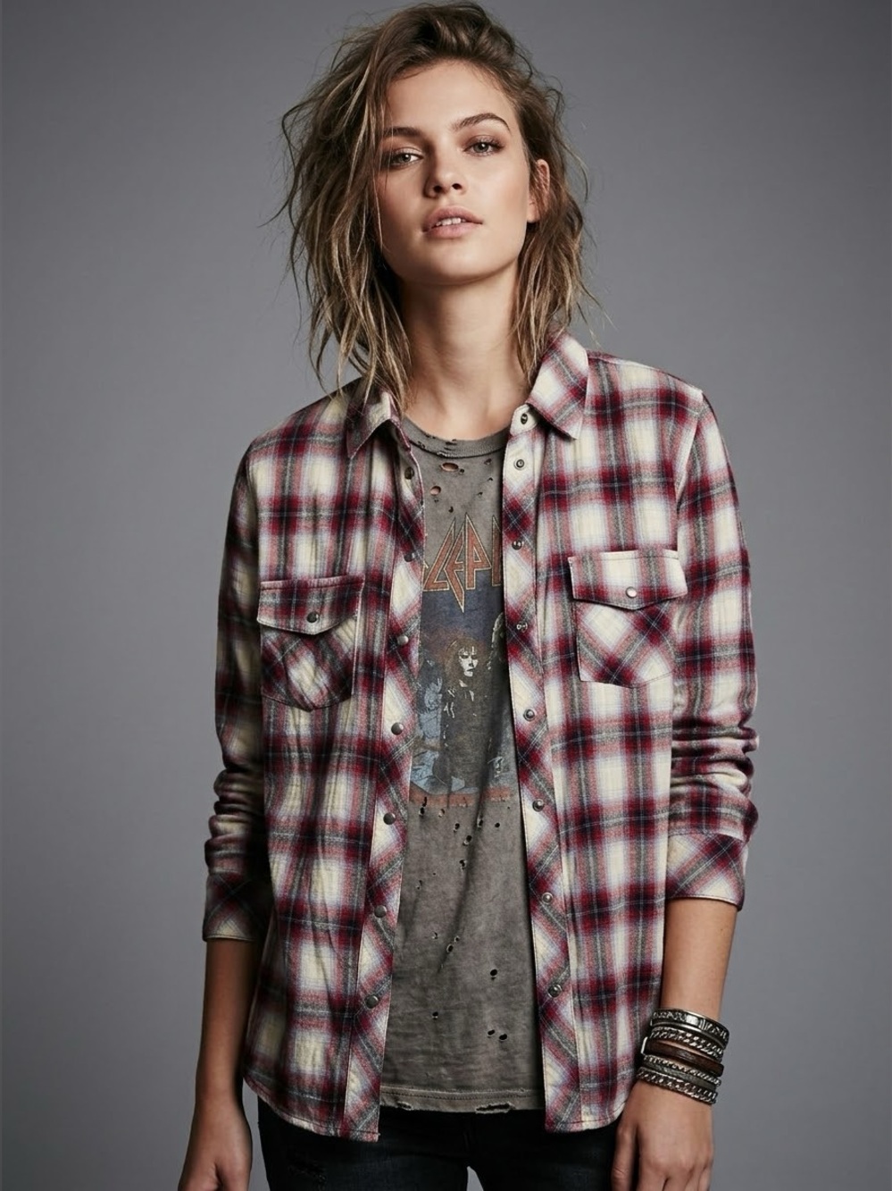 KUT from the Kloth Plaid Snap Button Flannel Top XS Red Navy